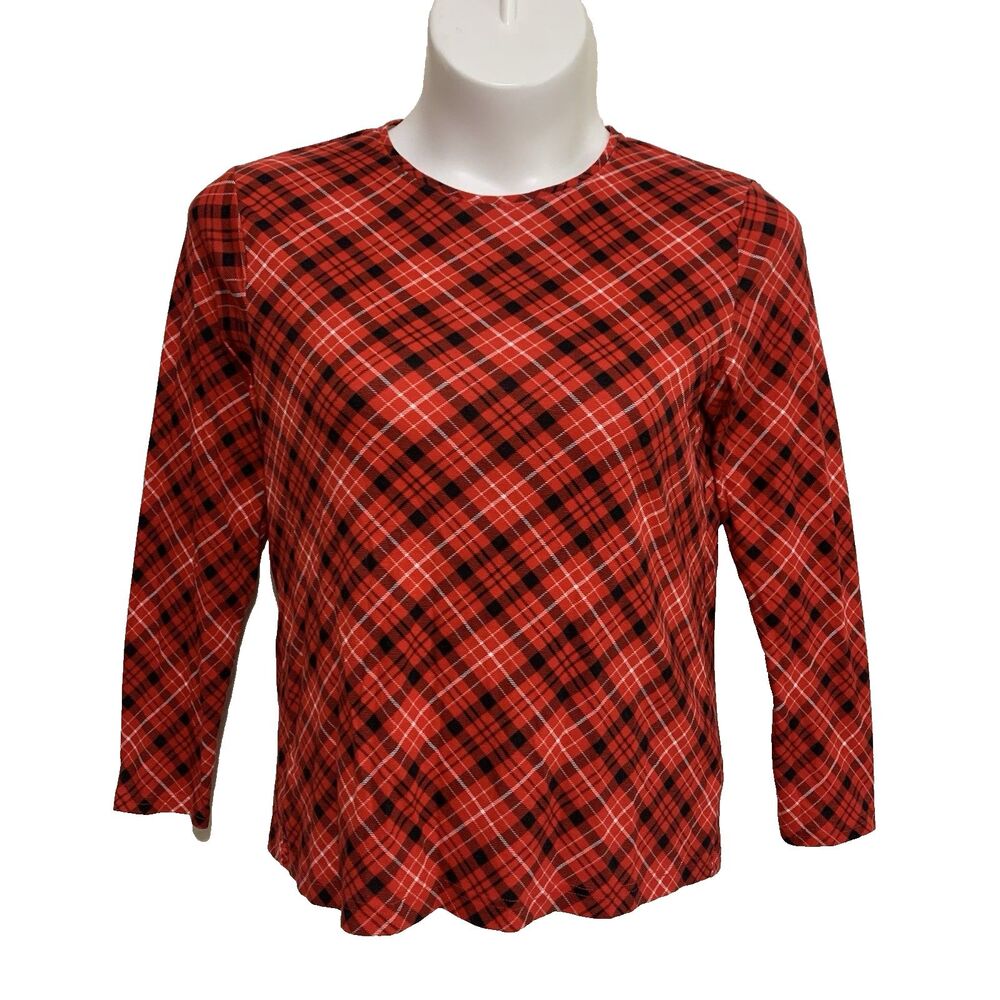 Croft & Barrow Top Womens Large Red Black Plaid Long Sleeve Crew Neck Knit